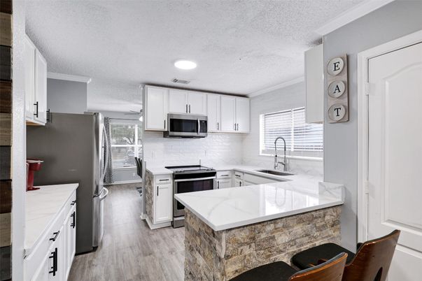 Interior, Kitchen, Recessed Lighting, Wood Texture Flooring