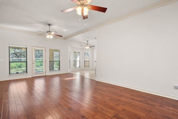 Empty room, Fireplace, Interior, Recessed Lighting, Wood Texture Flooring