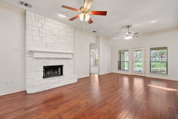 Empty room, Fireplace, Interior, Stone Walls, Wood Texture Flooring