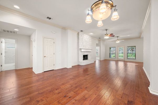 Empty room, Fireplace, Interior, Recessed Lighting, Wood Texture Flooring