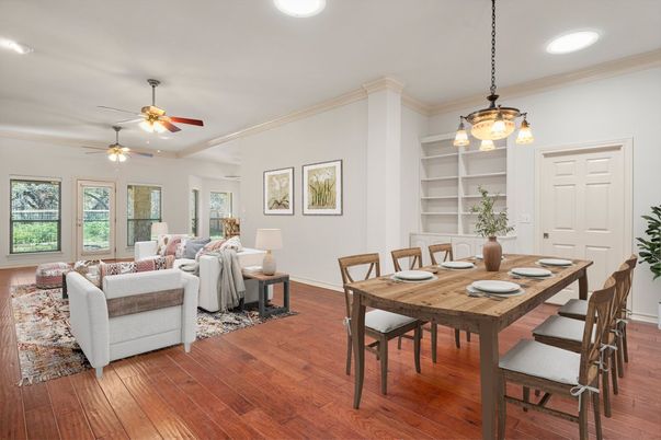 Dining room, Interior, Living room, Pendant Lights, Recessed Lighting, Wood Texture Flooring