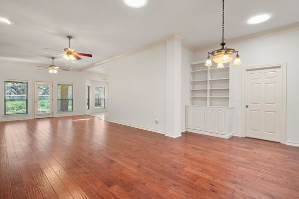Empty room, Interior, Pendant Lights, Recessed Lighting, Wood Texture Flooring