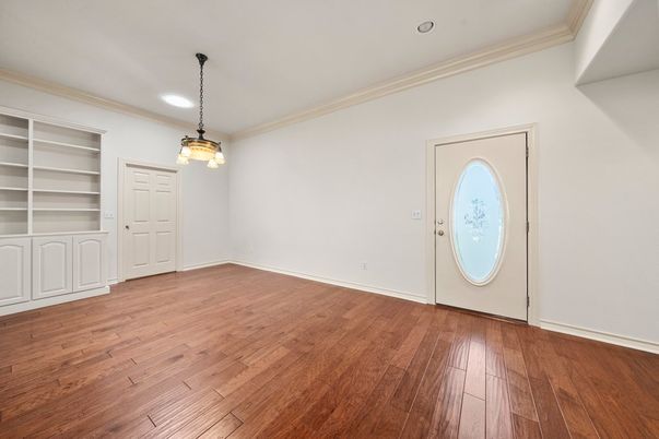Empty room, Interior, Pendant Lights, Recessed Lighting, Wood Texture Flooring