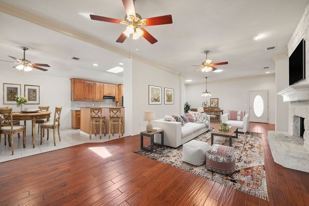 Dining room, Fireplace, Interior, Kitchen, Living room, Recessed Lighting, Wood Texture Flooring