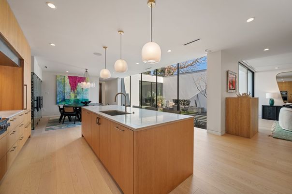 Dining room, Interior, Kitchen, Pendant Lights, Recessed Lighting, Stainless Steel Appliances, Wood Texture Flooring