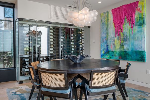 Dining room, Interior, Pendant Lights, Recessed Lighting, Wine Storage, Wood Texture Flooring