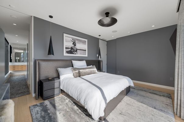 Bedroom, Interior, Pendant Lights, Recessed Lighting, Wood Texture Flooring