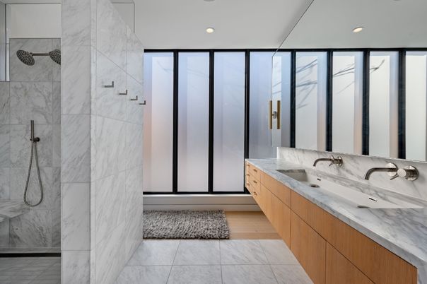 Bathroom, Dual Sink Vanities, Interior, Marble, Marble Walls, Recessed Lighting