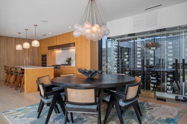 Dining room, Interior, Kitchen, Pendant Lights, Recessed Lighting, Wine Storage, Wood Texture Flooring
