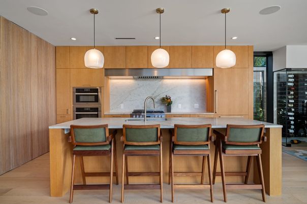 Interior, Kitchen, Pendant Lights, Recessed Lighting, Stainless Steel Appliances, Wine Storage, Wood Texture Flooring