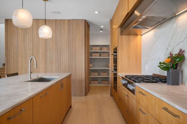 Interior, Kitchen, Pendant Lights, Recessed Lighting, Stainless Steel Appliances, Wood Texture Flooring