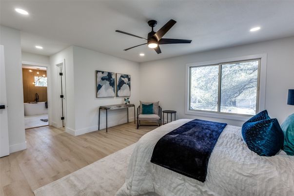 Bedroom, Interior, Recessed Lighting, Wood Texture Flooring