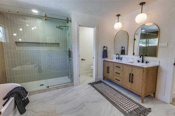 Bathroom, Dual Sink Vanities, Glass Shower, Interior, Marble, Pendant Lights