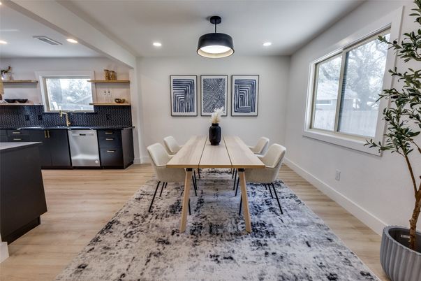 Dining room, Interior, Kitchen, Recessed Lighting, Wood Texture Flooring