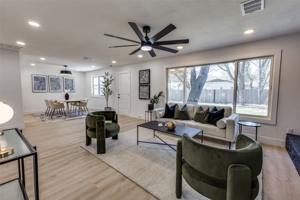 Dining room, Interior, Living room, Recessed Lighting, Wood Texture Flooring