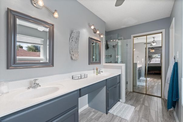 Bathroom, Dual Sink Vanities, Glass Shower, Interior, Wood Texture Flooring