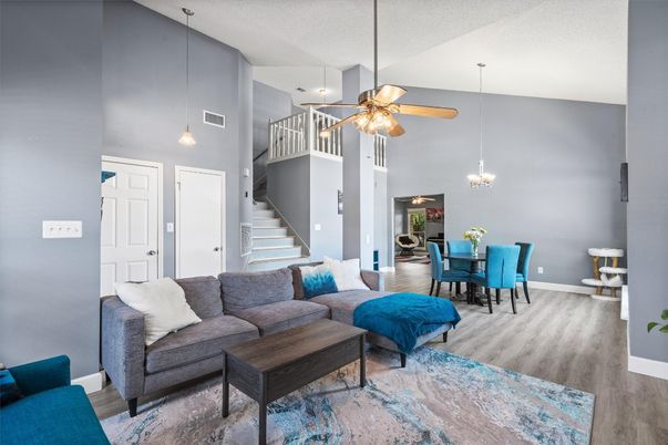 Dining room, Interior, Living room, Pendant Lights, Wood Texture Flooring