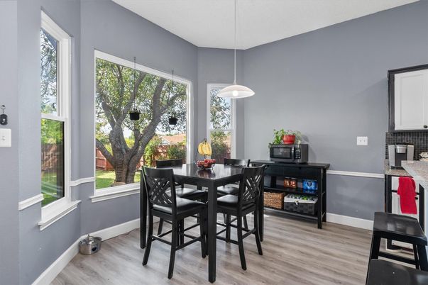 Dining room, Interior, Pendant Lights, Wood Texture Flooring