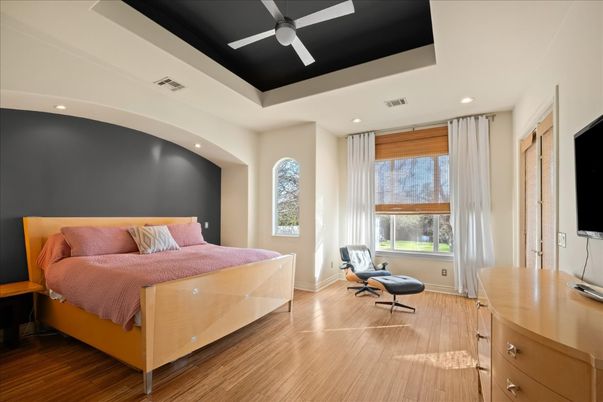 Bedroom, Interior, Recessed Lighting, Wood Texture Flooring