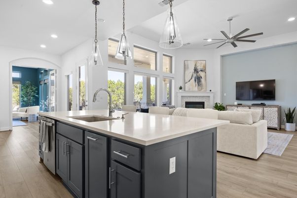 Fireplace, Interior, Kitchen, Living room, Pendant Lights, Recessed Lighting, Wood Texture Flooring