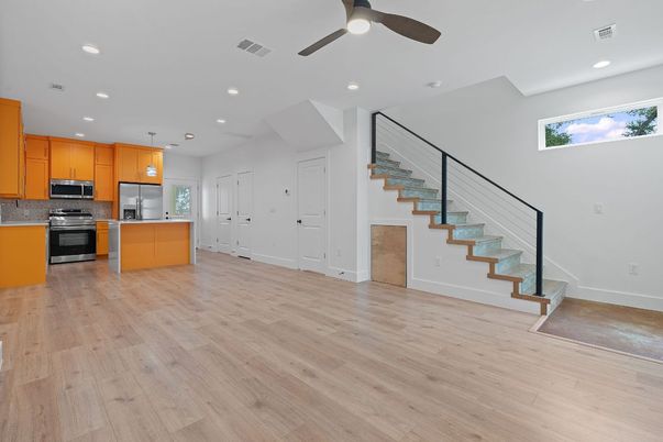 Interior, Kitchen, Pendant Lights, Recessed Lighting, Stainless Steel Appliances, Wood Texture Flooring