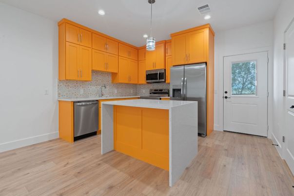 Interior, Kitchen, Pendant Lights, Recessed Lighting, Stainless Steel Appliances, Wood Texture Flooring