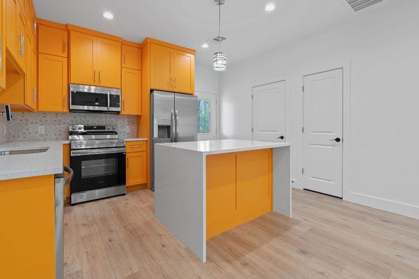 Interior, Kitchen, Pendant Lights, Recessed Lighting, Stainless Steel Appliances, Wood Texture Flooring