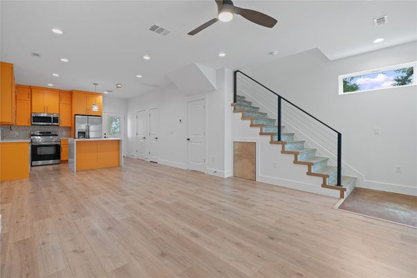 Interior, Kitchen, Pendant Lights, Recessed Lighting, Stainless Steel Appliances, Wood Texture Flooring