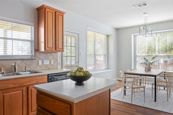 Dining room, Interior, Kitchen, Pendant Lights, Wood Texture Flooring