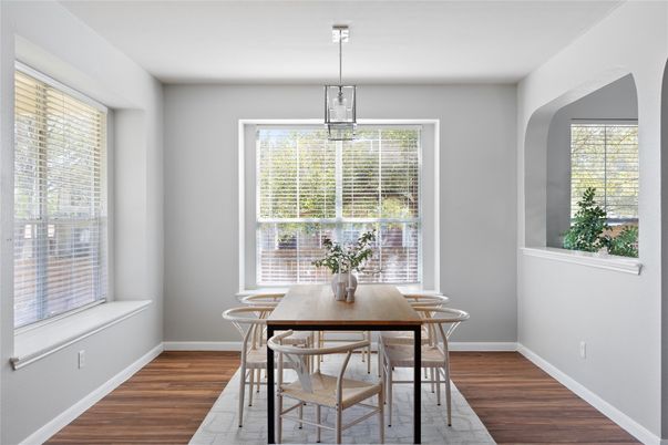 Dining room, Interior, Pendant Lights, Wood Texture Flooring