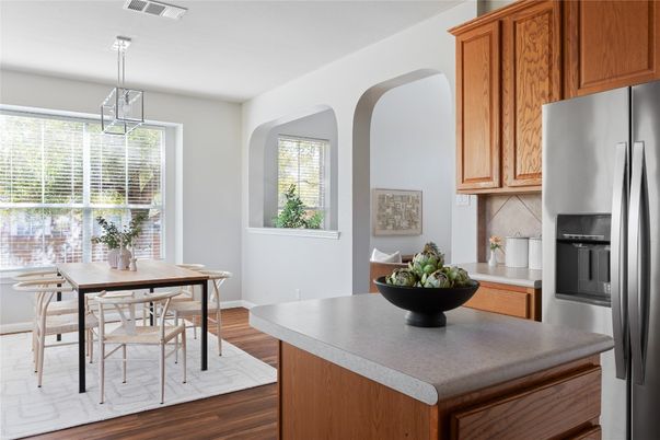 Dining room, Interior, Kitchen, Pendant Lights, Wood Texture Flooring