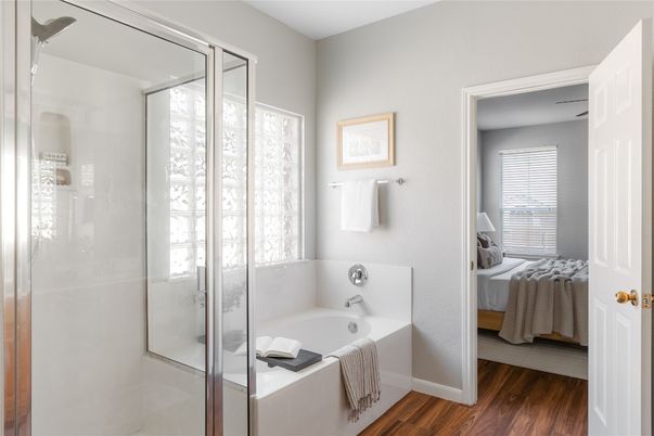 Bathroom, Bedroom, Glass Shower, Interior, Wood Texture Flooring