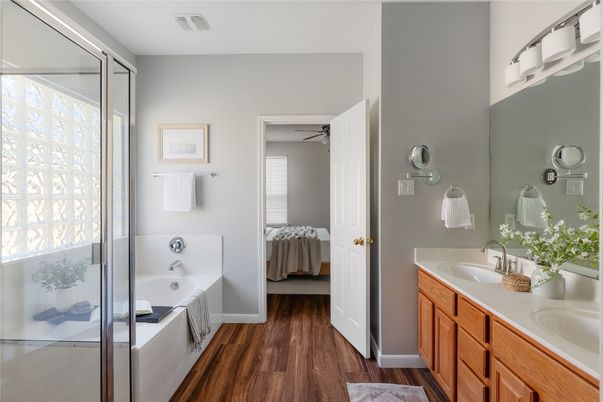 Bathroom, Bedroom, Dual Sink Vanities, Interior, Wood Texture Flooring