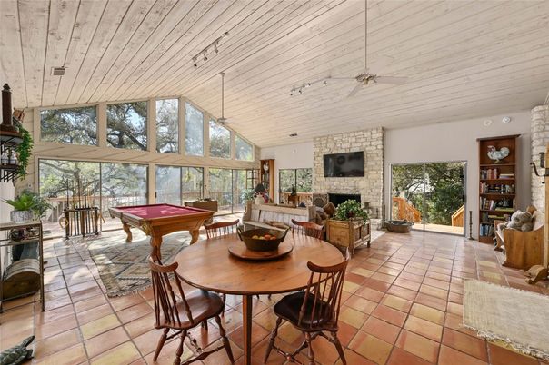 Billiard Table, Dining room, Fireplace, Game Room, Interior, Stone Walls