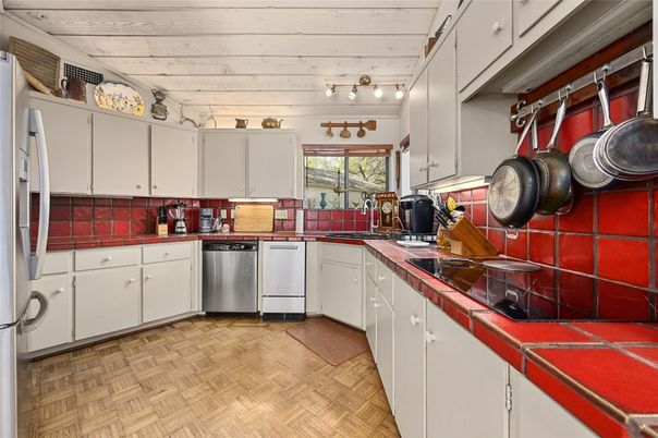 Interior, Kitchen, Tile Countertops, Wood Texture Flooring
