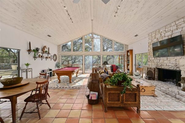 Billiard Table, Fireplace, Game Room, Interior, Stone Walls, Wooden Ceilings