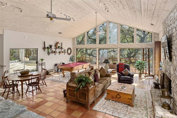 Billiard Table, Dining room, Fireplace, Game Room, Interior, Living room, Stone Walls, Sun Room, Wooden Ceilings