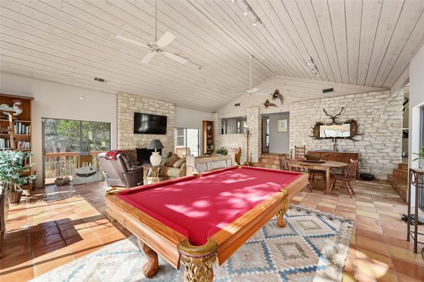 Billiard Table, Fireplace, Game Room, Interior, Stone Walls