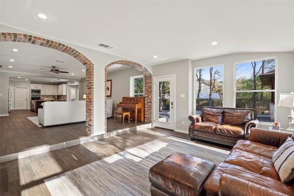 Interior, Kitchen, Living room, Recessed Lighting, Stainless Steel Appliances, Wood Texture Flooring