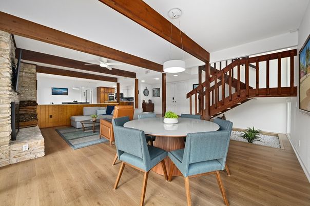 Dining room, Fireplace, Interior, Kitchen, Living room, Pendant Lights, Stone Walls, Wooden Beams, Wood Texture Flooring