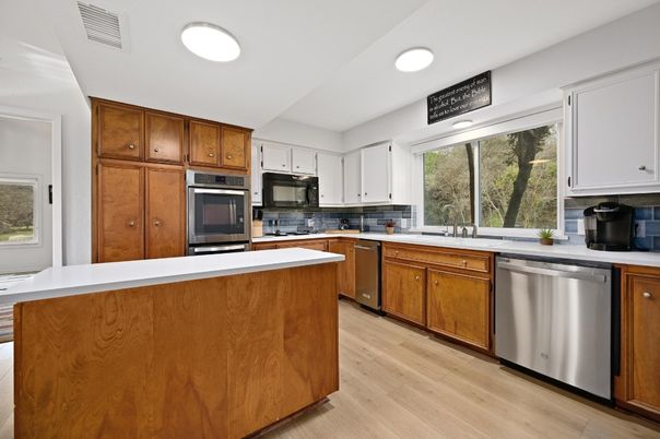 Interior, Kitchen, Recessed Lighting, Stainless Steel Appliances, Wood Texture Flooring
