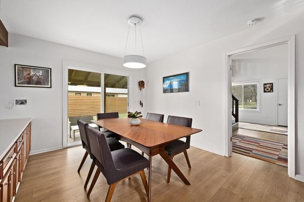 Dining room, Interior, Pendant Lights, Wood Texture Flooring