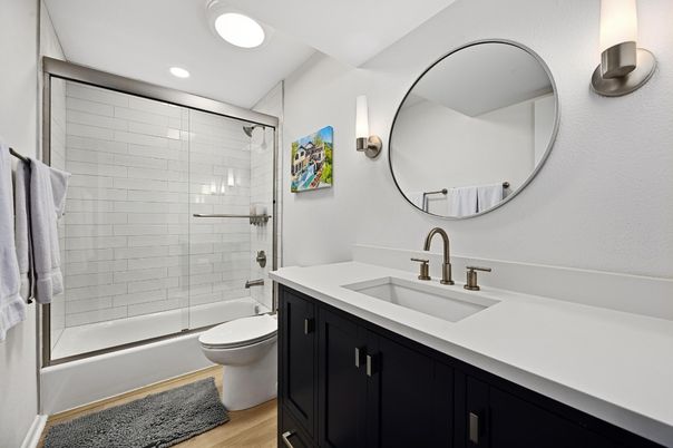 Bathroom, Glass Shower, Interior, Recessed Lighting, Wood Texture Flooring