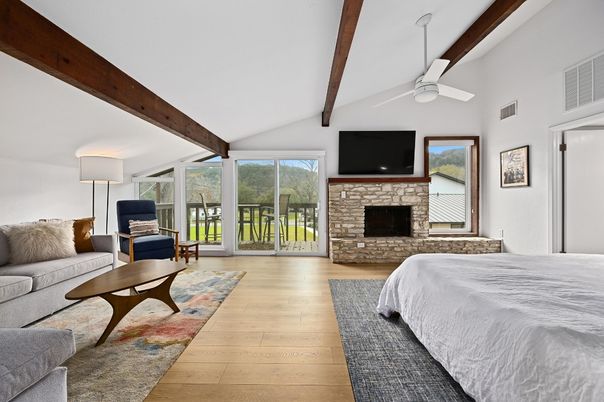 Bedroom, Fireplace, Interior, Wooden Beams, Wood Texture Flooring