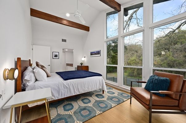 Bedroom, Interior, Recessed Lighting, Wooden Beams, Wood Texture Flooring