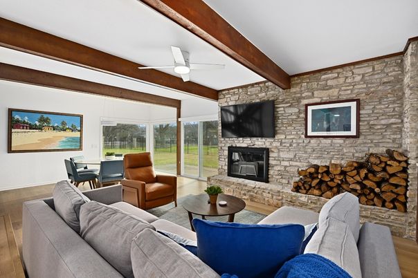Dining room, Fireplace, Interior, Living room, Stone Walls, Wooden Beams, Wood Texture Flooring
