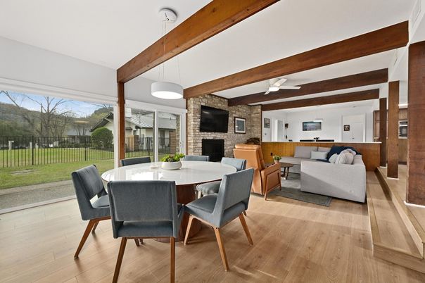 Dining room, Fireplace, Interior, Living room, Pendant Lights, Stone Walls, Wooden Beams, Wood Texture Flooring