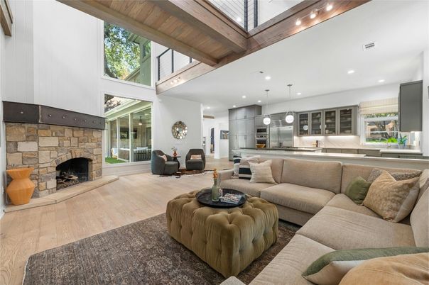 Fireplace, Interior, Kitchen, Living room, Pendant Lights, Recessed Lighting, Wooden Beams, Wooden Ceilings, Wood Texture Flooring