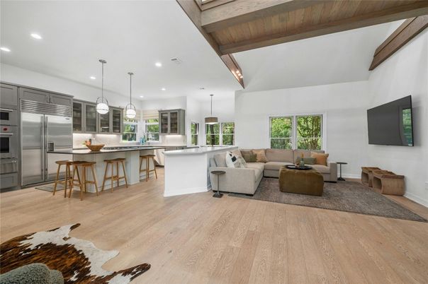 Interior, Kitchen, Living room, Pendant Lights, Recessed Lighting, Stainless Steel Appliances, Wooden Beams, Wooden Ceilings, Wood Texture Flooring