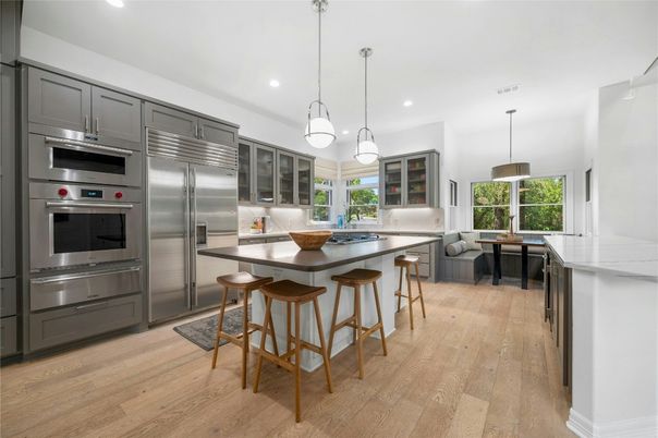 Interior, Kitchen, Pendant Lights, Recessed Lighting, Stainless Steel Appliances, Wood Texture Flooring